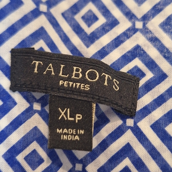Talbots Cotton Blue & White Geometric Print V Neck Tunic Tasseled Hem Size XLP - Picture 2 of 10